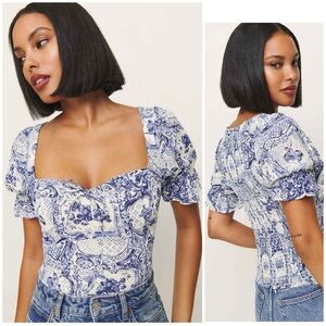 Reformation En Pointe Delevan Romantic Blue & White Women's Smocked Top sz 4